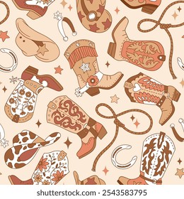 Seamless vector pattern with cowboy boots and hats. Hand drawn western rodeo background. EPS 10 vector file. Perfect for textile, wallpaper or nursery print design.