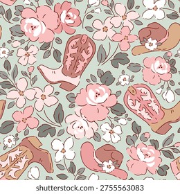 Seamless vector pattern with cowboy boots and liberty flowers. Hand drawn floral background. Perfect for textile, wallpaper or nursery print design.