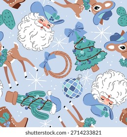 Padrão de vetor sem costura com cowboy Papai Noel e veados de Natal vintage. Padrão ocidental desenhado à mão com cacto e árvore de Natal. Perfeito para design de impressão têxtil, papel de parede ou viveiro. 