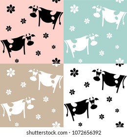 Seamless vector pattern with cows and flowers in pastel colors
