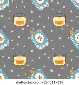 Seamless vector pattern with cozy autumn elements like book, candle, and stars. Warm hand-drawn design for textiles, wallpaper, and seasonal wrapping.