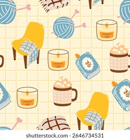 Seamless vector pattern with cozy autumn elements like chair, blanket, candle, and yarn. Warm hand-drawn design for textiles, wallpaper, and seasonal wrapping.