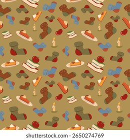 Seamless vector pattern of cozy autumn elements: socks, pumpkin pie, apples, books, and candles on an olive green background. Ideal for fall home decor, seasonal fabric.