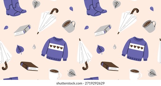 Patrón de Vector sin costuras con Elementos de otoño acogedores: suéter, botas, paraguas, libros, tazas de café y hojas que caen. Ilustración de diseño plano para la temporada de otoño, estilo de vida acogedor, fondo de otoño, textil o papelería.