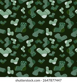Seamless vector pattern of cozy green and gray socks with various patterns on a dark green background. Ideal for winter fashion, festive textiles, digital decor, and warm, comfortable designs.