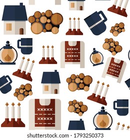 Seamless vector pattern of cozy hygge symbols: nordic house, candles, wood, red sweater on white background.Vector illustration in flat style. Template for logotype, infographics. EPS 10