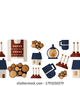 Seamless vector pattern of cozy hygge symbols: nordic house, candles, wood, red sweater on white background.Vector illustration in flat style. Template for logotype, infographics. EPS 10