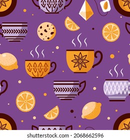 Seamless vector pattern cozy tea party handmade ceramic utensils with ethnic ornament. Mugs, plates, lemons, cookies and tea bags. For cafe, kitchen, wallpaper, fabric, packaging. Violet-yellow tones