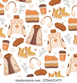 Seamless vector pattern of cozy winter clothing and accessories includes sweaters, waistcoat, hats, stack of clothes, warm shoes, cup of warm beverages etc.in warm neutrals color palette.