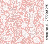 Seamless vector pattern with crab, lobster, sea horse, seashell, sea star and coral reef. Hand drawn underwater sea life illustration. Perfect for textile, wallpaper or print design.