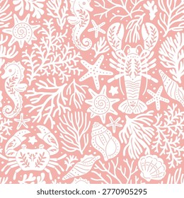 Seamless vector pattern with crab, lobster, sea horse, seashell, sea star and coral reef. Hand drawn underwater sea life illustration. Perfect for textile, wallpaper or print design.