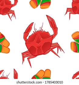 Seamless vector pattern crab and summer flip flops 