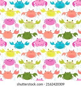 Seamless vector pattern with crabs. Cute background with sweet-faced crabs.