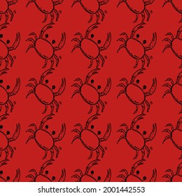 Seamless vector pattern with crabs. Doodle vector with crab icons on red background. Vintage crab pattern