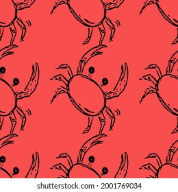 Seamless vector pattern with crabs. Doodle vector with crab icons on red background. Vintage crab pattern