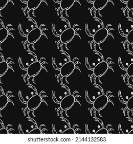 Seamless vector pattern with crabs. Doodle vector with crab icons on black background. Vintage crab pattern