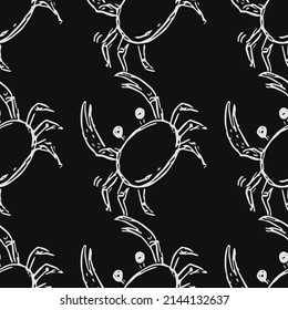 Seamless vector pattern with crabs. Doodle vector with crab icons on black background. Vintage crab pattern