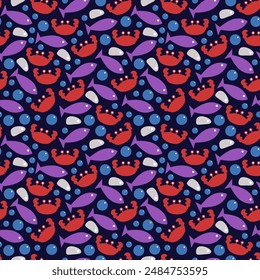 Seamless vector pattern with crabs and fish. Dark marine print for textiles, fabrics, covers, paper and other surfaces.