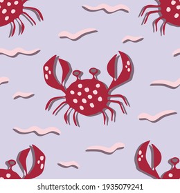 Seamless vector pattern with crabs on blue background. Simple hand drawn lobster wallpaper design. Sea life fashion textile.