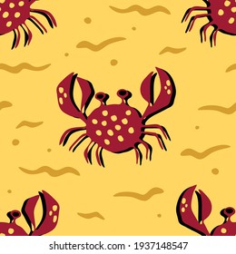 Seamless vector pattern with crabs on yellow background. Tropical sand wallpaper design. Sea life fashion textile.