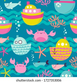 Seamless vector pattern with crabs, steamboats, waves and fishes. Background in childish style.