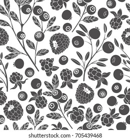 Seamless vector pattern with cranberry, blueberry, raspberry and cloudberry. Black silhouettes of berries on a white background. Forest berries.