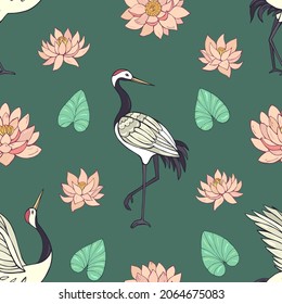 Seamless vector pattern of cranes, lotuses and water lilies. Decoration print for wrapping, wallpaper, fabric, textile.