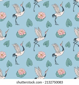 Seamless vector pattern of cranes, lotuses and water lilies. Decoration print for wrapping, wallpaper, fabric, textile.