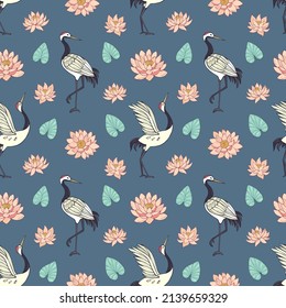 Seamless vector pattern of cranes, lotuses and water lilies. Decoration print for wrapping, wallpaper, fabric, textile.