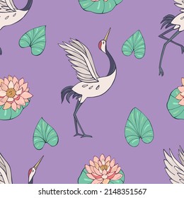 Seamless vector pattern of cranes, lotuses and water lilies. Decoration print for wrapping, wallpaper, fabric, textile.