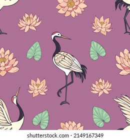 Seamless vector pattern of cranes, lotuses and water lilies. Decoration print for wrapping, wallpaper, fabric, textile.