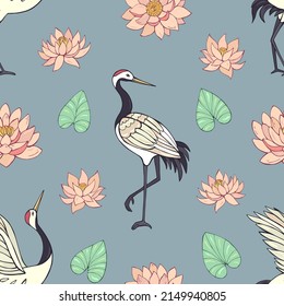Seamless vector pattern of cranes, lotuses and water lilies. Decoration print for wrapping, wallpaper, fabric, textile.