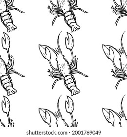 Seamless vector pattern with crayfish. Doodle vector with crayfish icons on white background. Vintage crayfish pattern