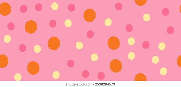 Padrão de vetor sem emenda com pontos de giz de cera e entalhes em design polkadot caprichoso. Fundo rosa abstrato e divertido.