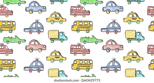 Seamless vector pattern with crayon-drawn cars: taxi, police car, ambulance, school bus, convertible, delivery truck, and sedan. Fun, colorful design for kids or kindergarten themes or boys bedroom