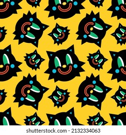 Seamless vector pattern with crazy and funny black cartoon cat. A Halloween character. Cute smiling kittens on a colored background. Isolated. Flat design element for wrap paper, children's textiles.