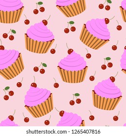 Seamless vector pattern of cream cake and cherry icons on pink background for decoration, scrapbooking, design and fabric