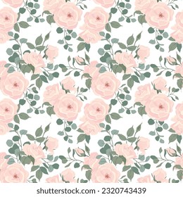 Seamless vector pattern with cream roses and leaves. Floral pattern for wallpaper or fabric, textile. Beige summer flowers and green foliage on a white background.
