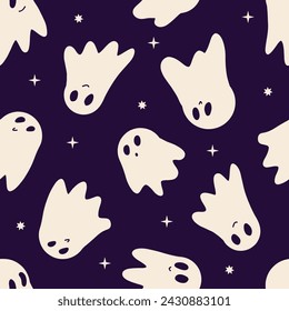 Seamless vector pattern cream white spooky cute ghost silhouettes on dark purple, Halloween. Textile