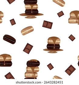 Padrão de vetor sem emenda de macarões cremosos e de chocolate generosamente regados com caramelo e decorados com pedaços de chocolate em um fundo branco. Ideal para crianças, festas, têxteis e sobremesa
