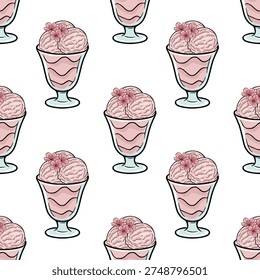 Seamless vector pattern of creamy pink ice cream in glasses with delicate cherry blossoms