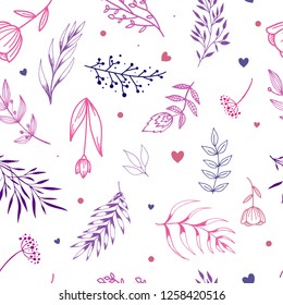 Seamless vector pattern created from hand sketched floral elements, flowers and herbs on white background. Valentine's day background, wallpaper, wrapping paper design. Spring, summer  theme.