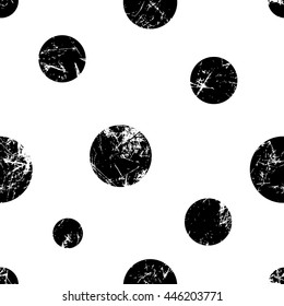 Seamless vector pattern. Creative geometric black and white background with circles. Texture with attrition, cracks and ambrosia. Old style vintage design. Graphic illustration.  