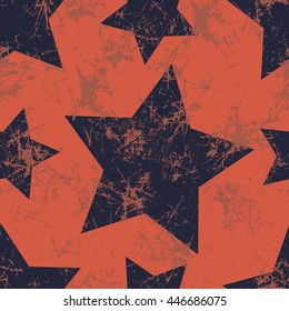 Seamless vector pattern. Creative geometric blue and red background with stars. Texture with attrition, cracks and ambrosia. Old style vintage design. Graphic illustration.  