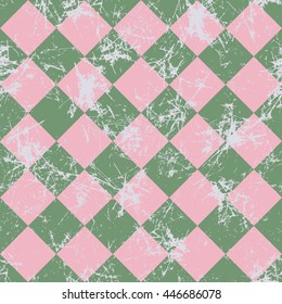 Seamless vector pattern. Creative geometric checkered green and pink background with rhombus. Texture with attrition, cracks and ambrosia. Old style vintage design. Graphic illustration.  
