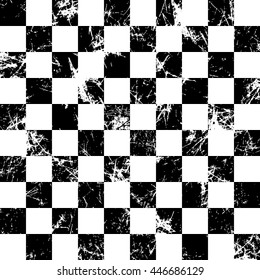 Seamless vector pattern. Creative geometric checkered black and white background with squares. Texture with attrition, cracks and ambrosia. Old style vintage design. Graphic illustration.  