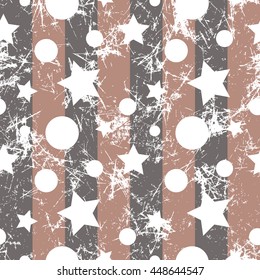 Seamless vector pattern. Creative geometric beige background with stars and circles. Grunge texture with attrition, cracks and ambrosia. Old style artistic vintage design. Graphic illustration.  
