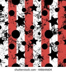 Seamless vector pattern. Creative geometric red,white background with stars and circles. Grunge texture with attrition, cracks and ambrosia. Old style artistic vintage design. Graphic illustration.  