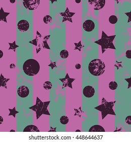 Seamless vector pattern. Creative geometric colorful background with stars and circles. Grunge texture with attrition, cracks and ambrosia. Old style artistic vintage design. Graphic illustration.  