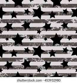 Seamless vector pattern. Creative geometric gray background with stars and stripes. Texture with attrition, cracks and ambrosia. Old style vintage design. Graphic illustration.  